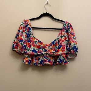 Altar’d State Colorful Floral Cropped Shirt Blouse Elastic Back Spring Summer M